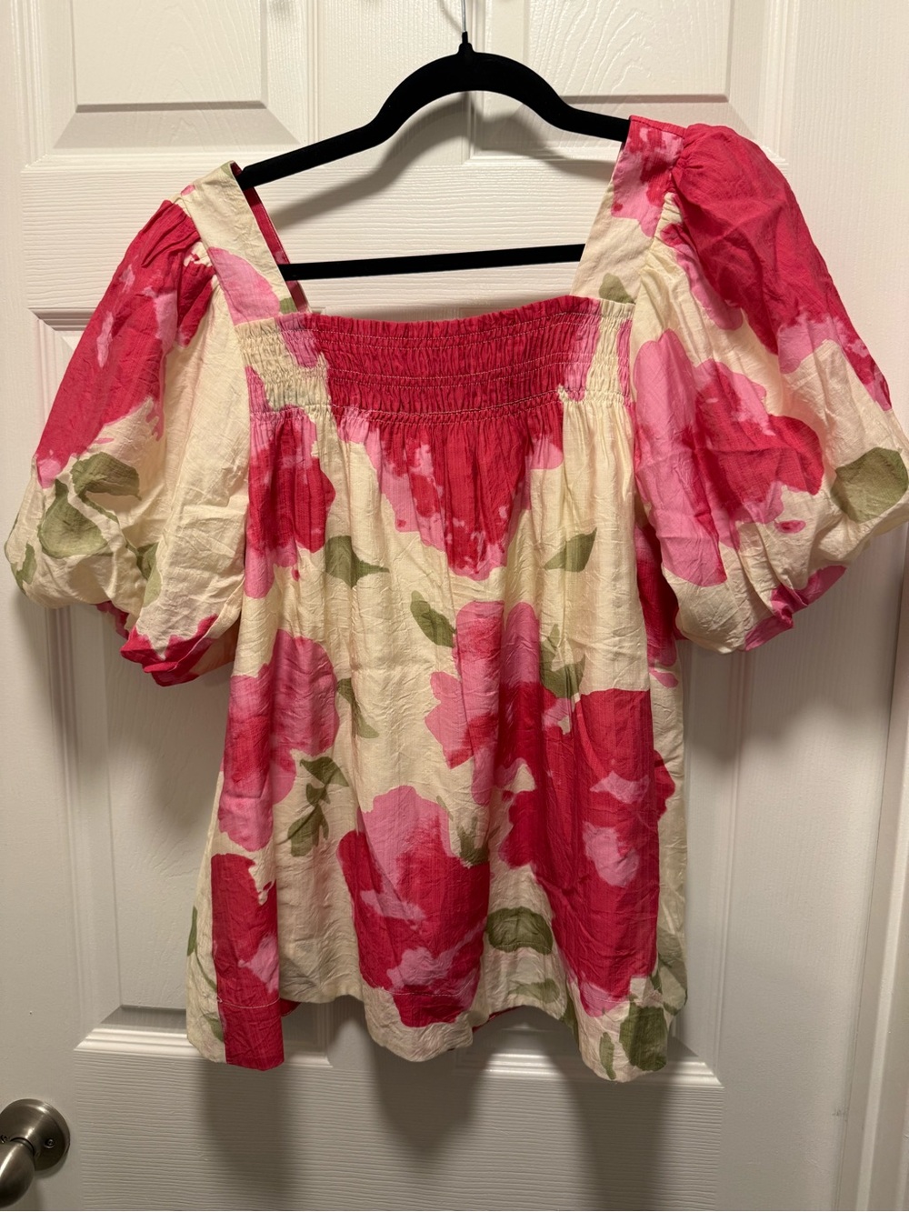 Umgee Floral Puff-Sleeve Square-Neck Top - Pink Cream